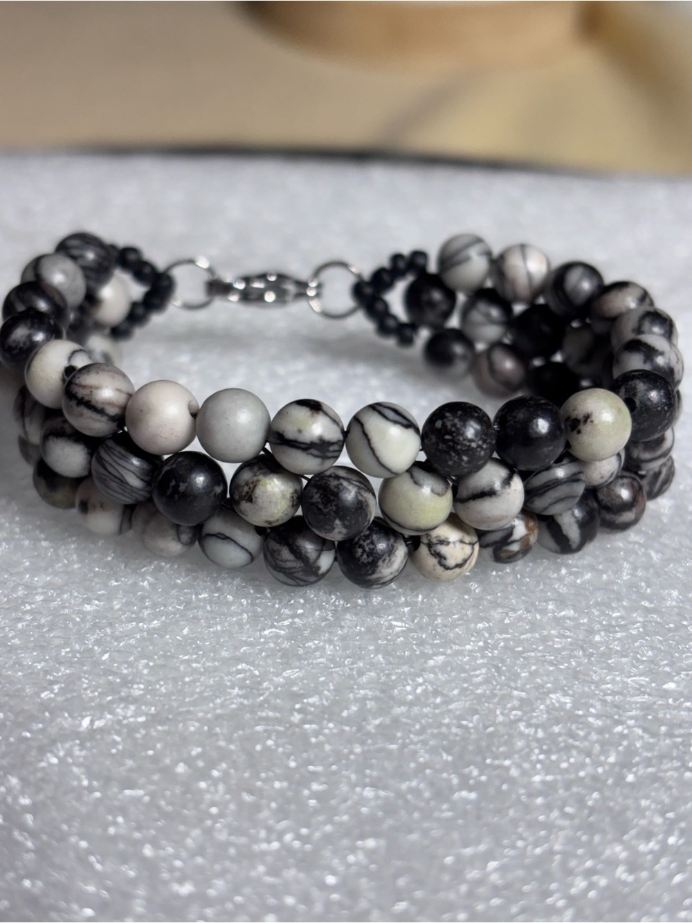 Handcrafted Jasper Multi-Strand Beaded Bracelet Black Gray and White 6.5 inches